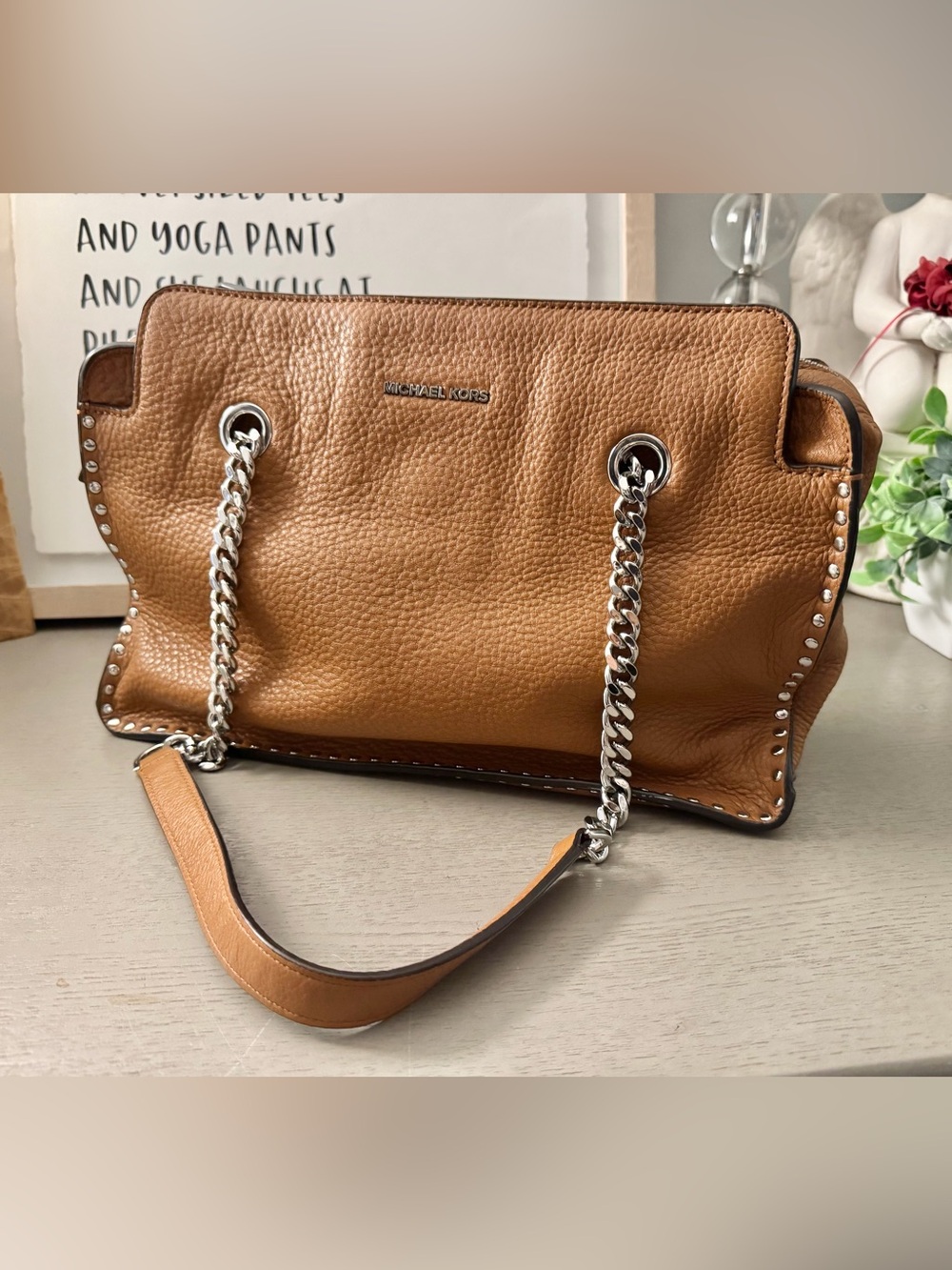 Michael Kors Cognac Pebbled Leather Chain Shoulder Bag NWOT